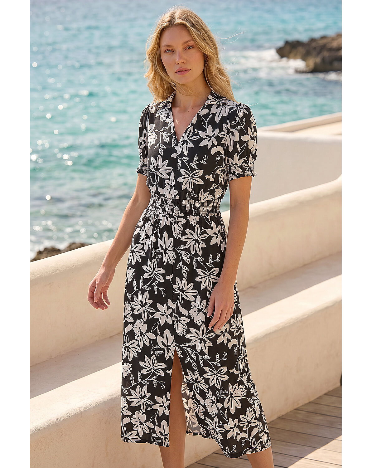 New In - Roman Floral Shirred Collared Midi Dress