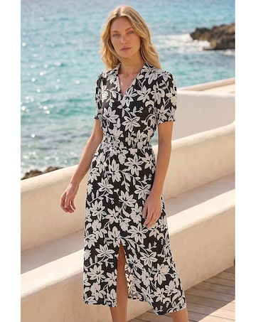 Roman Floral Shirred Collared Midi Dress