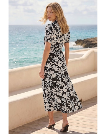 Roman Floral Shirred Collared Midi Dress