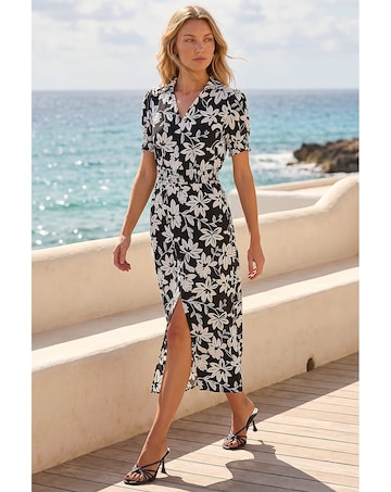Roman Floral Shirred Collared Midi Dress