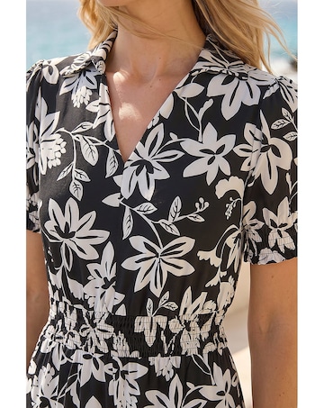 Roman Floral Shirred Collared Midi Dress