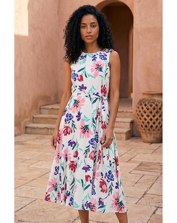 Roman Pleat Neck Floral Midi Dress