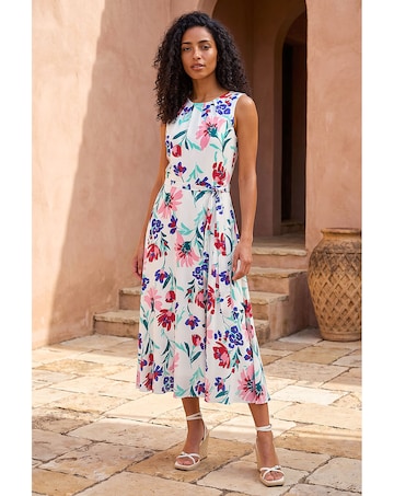 Roman Pleat Neck Floral Midi Dress