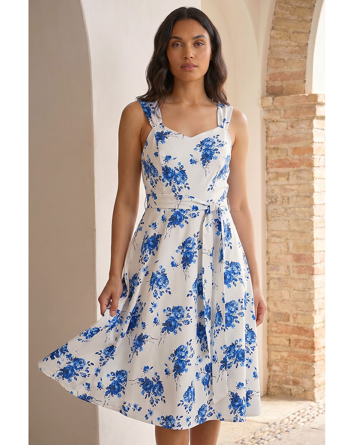 New In - Roman Floral Tie Waist Midi Dress