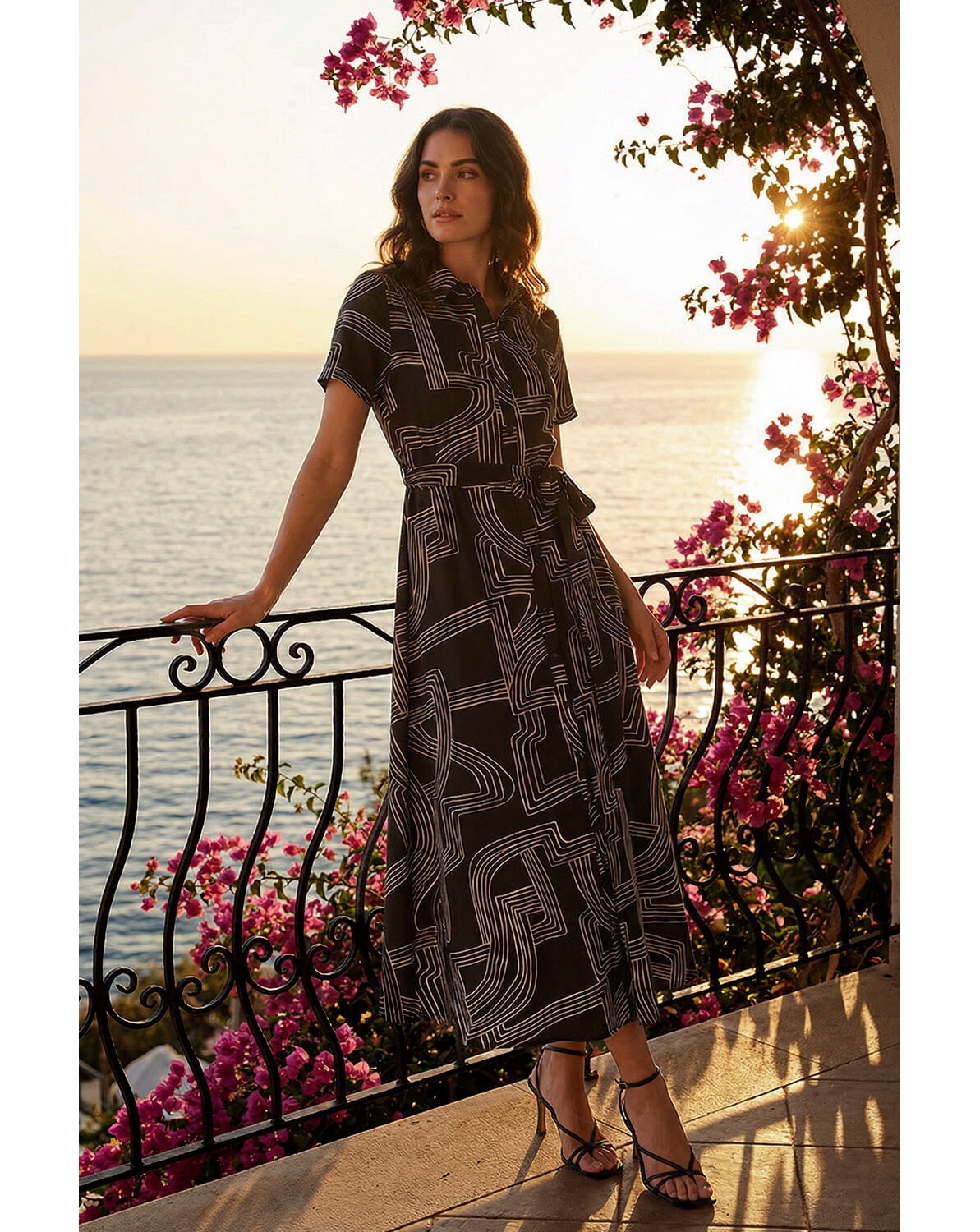 New In - Roman Geo Linear Print Shirt Midi Dress