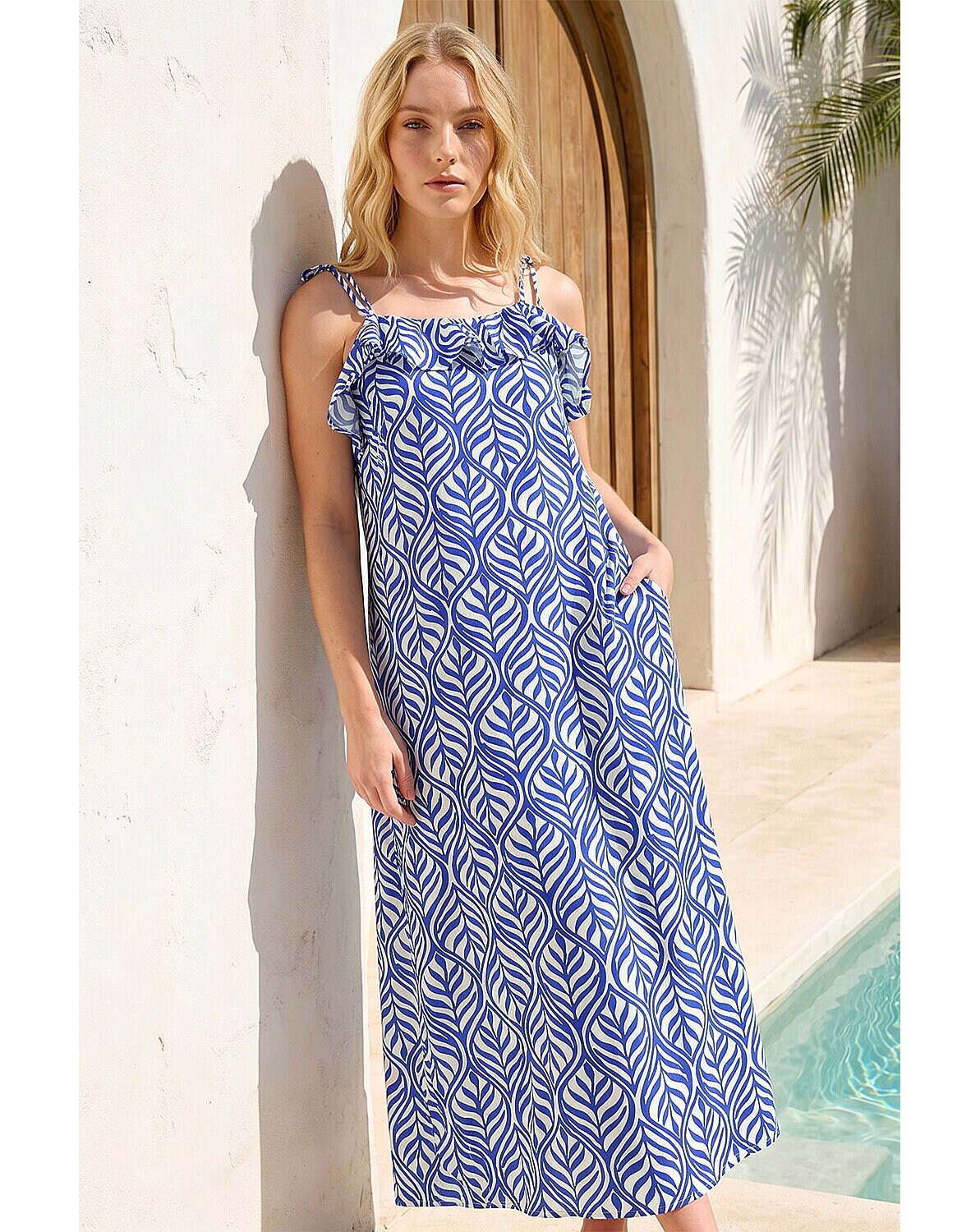 New In - Roman Leaf Print Frill Midi Dress