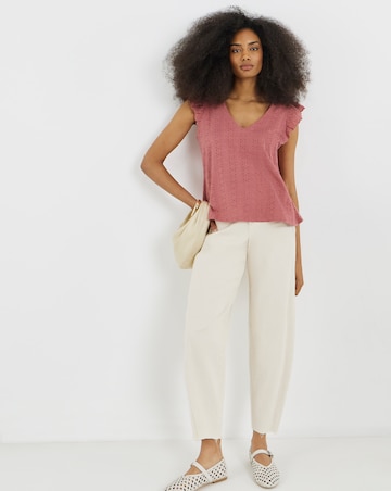 Pink V Neck Ruffle Sleeve Stretch Broderie Top