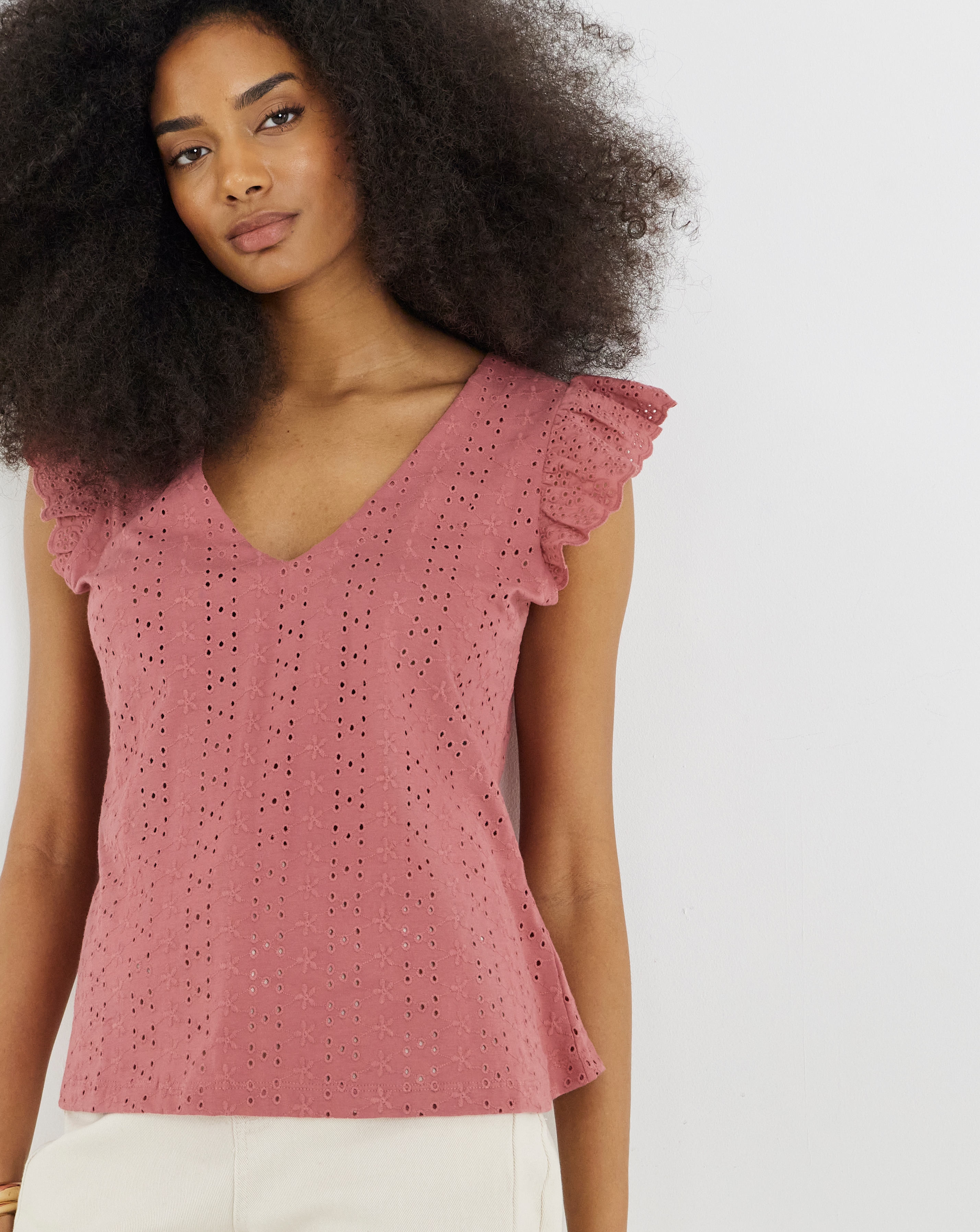 V Neck Ruffle Sleeve Broderie Top