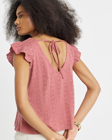 Pink V Neck Ruffle Sleeve Stretch Broderie Top