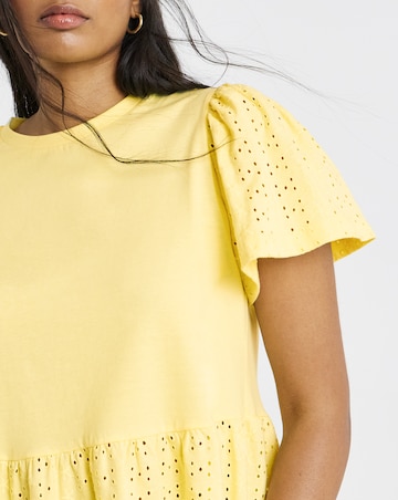 Lemon Yellow Crew Neck Peplum Stretch Broderie Top