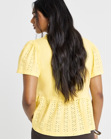 Lemon Yellow Crew Neck Peplum Stretch Broderie Top