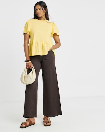 Lemon Yellow Crew Neck Peplum Stretch Broderie Top