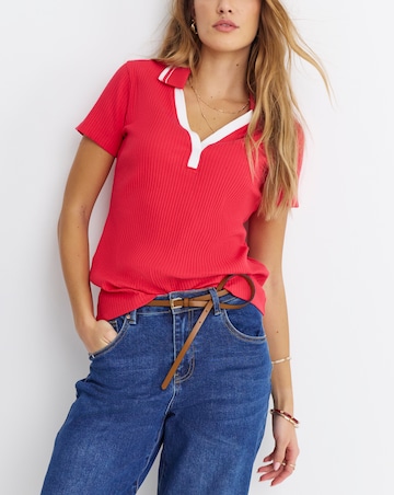 Simply Be Red & White Polo Collar Short Sleeve Top