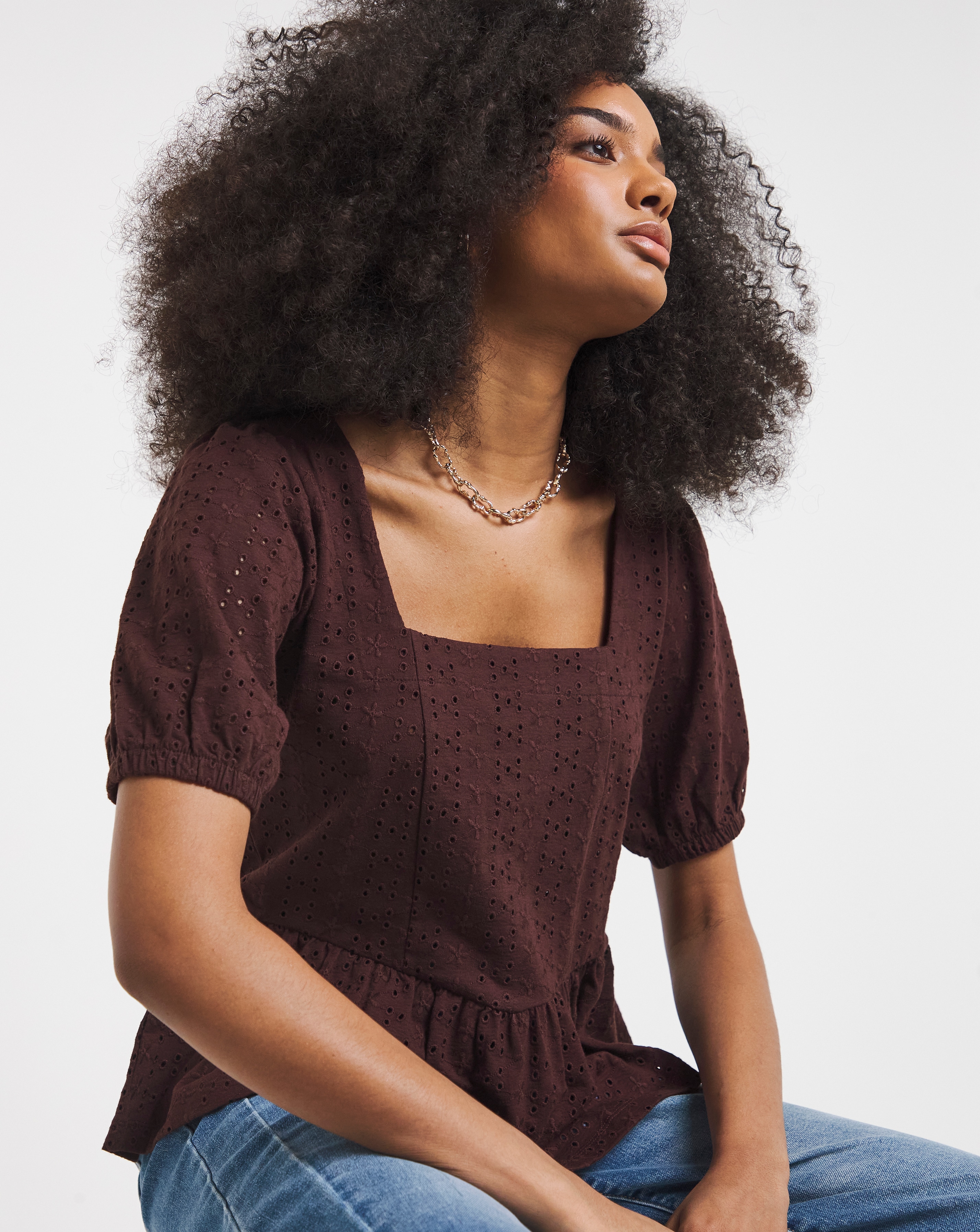 Stretch Broderie Square Neck Peplum