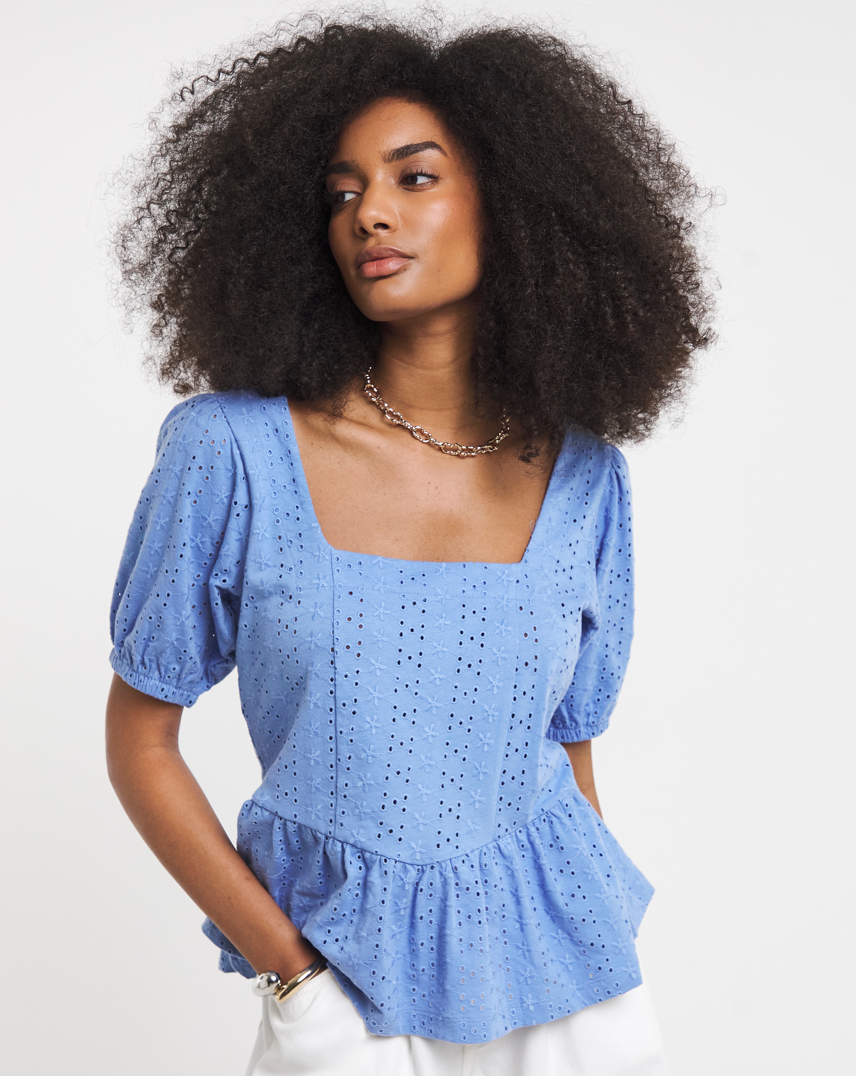 Stretch Broderie Square Neck Peplum