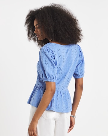 Blue Stretch Broderie Square Neck Peplum Top