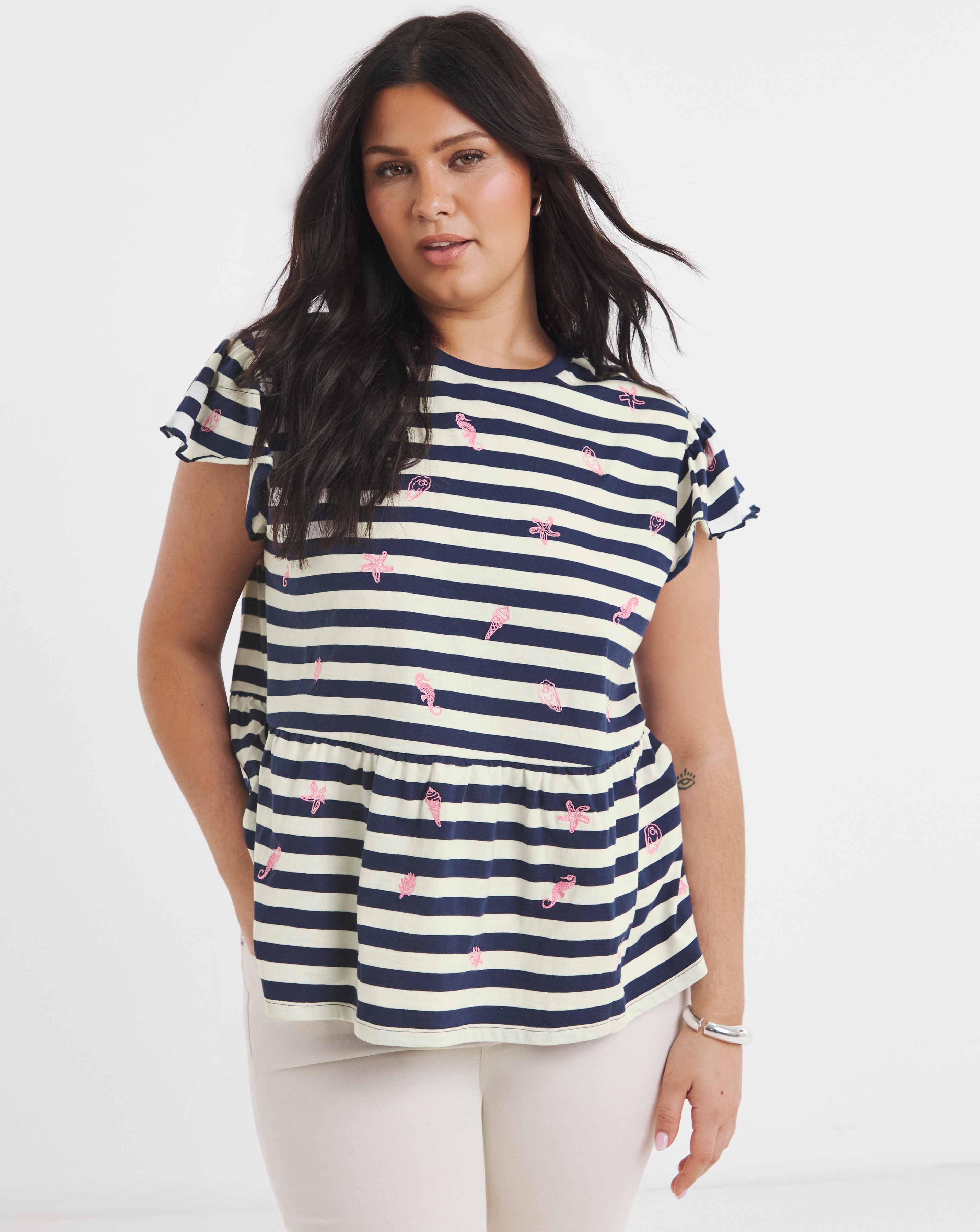 Embroidered Seaside Peplum Top