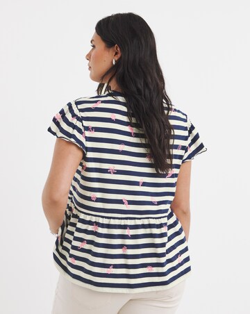 White & Blue Stripe Embroidered Seaside Peplum Top