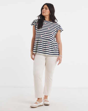 White & Blue Stripe Embroidered Seaside Peplum Top