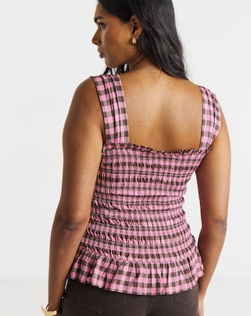 Check Print Shirred Mesh Tank Top