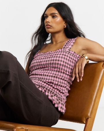 Check Print Shirred Mesh Tank Top