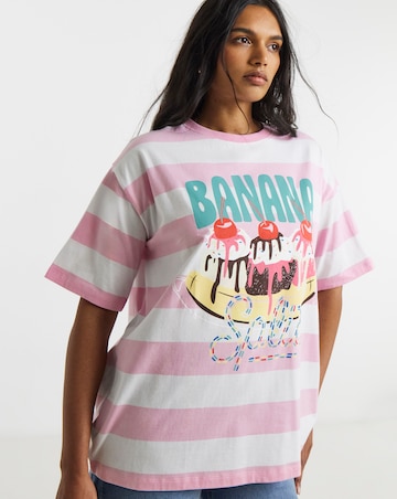 Pink & White Stripe Ice Cream Graphic Oversized T-Shirt