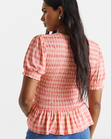 Check Print Shirred Mesh Short Sleeve Top