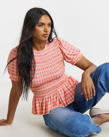 Check Print Shirred Mesh Short Sleeve Top