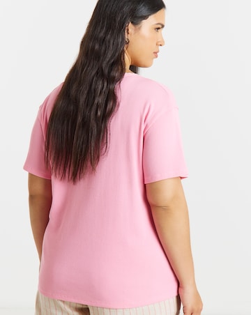 Pink Rib V Neck Lace Trim T-Shirt