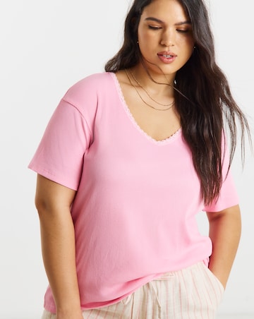 Pink Rib V Neck Lace Trim T-Shirt