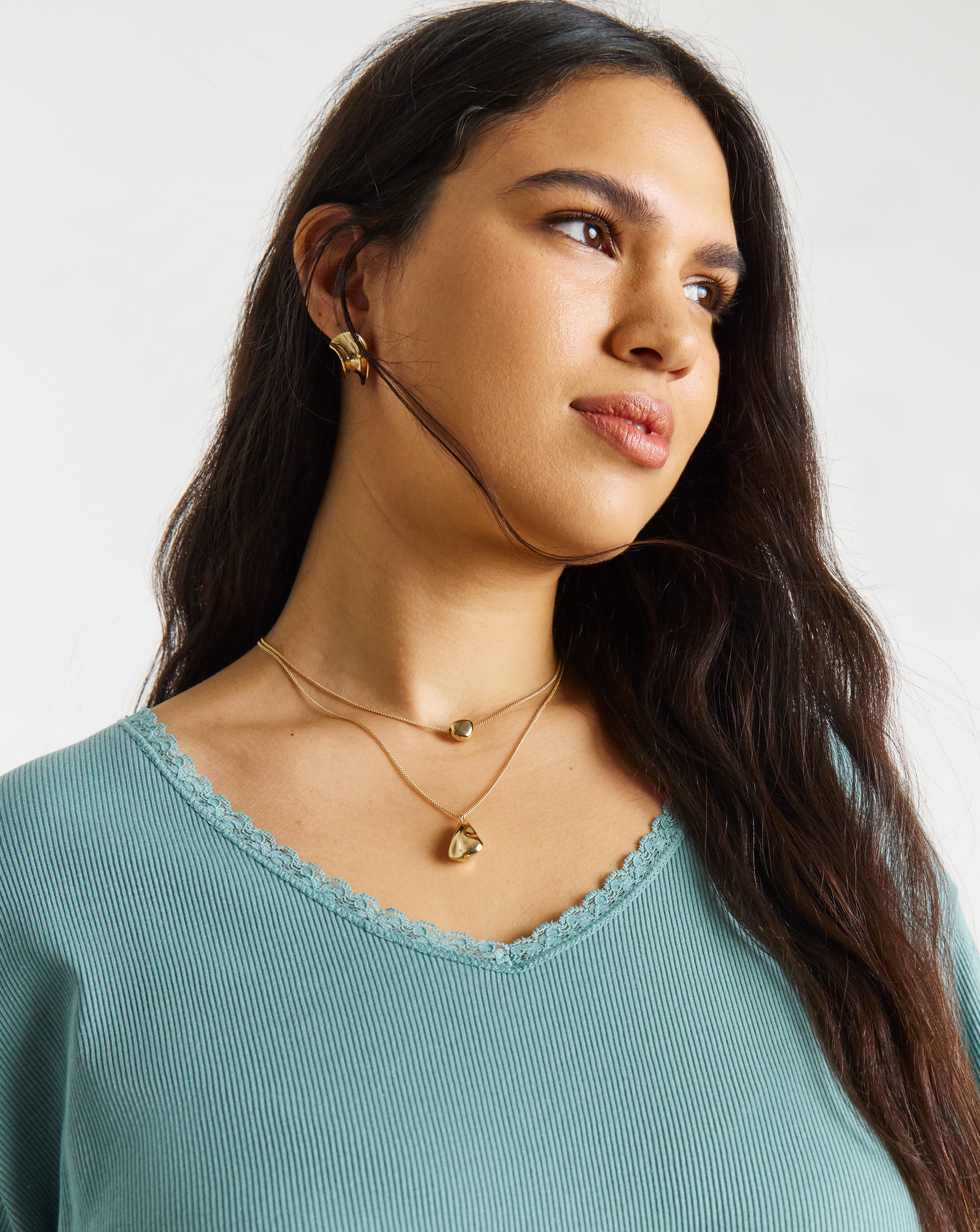 Rib V Neck Lace Trim T-Shirt
