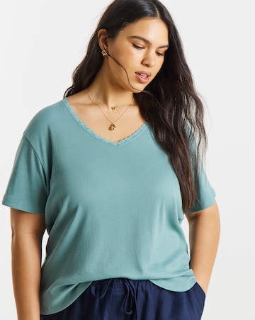 Dusty Sage Rib V Neck Lace Trim T-Shirt