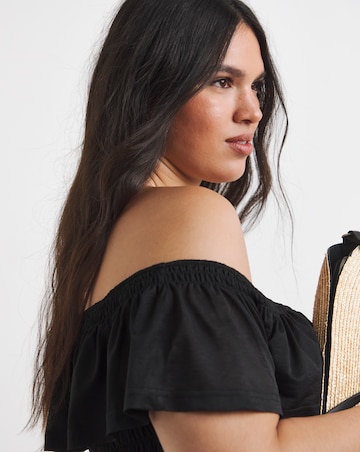 Black Ruffle Shirred Mesh Top