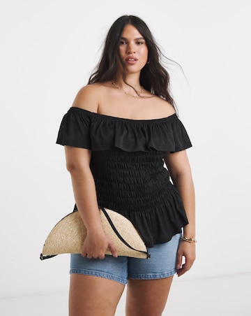 Black Ruffle Shirred Mesh Top