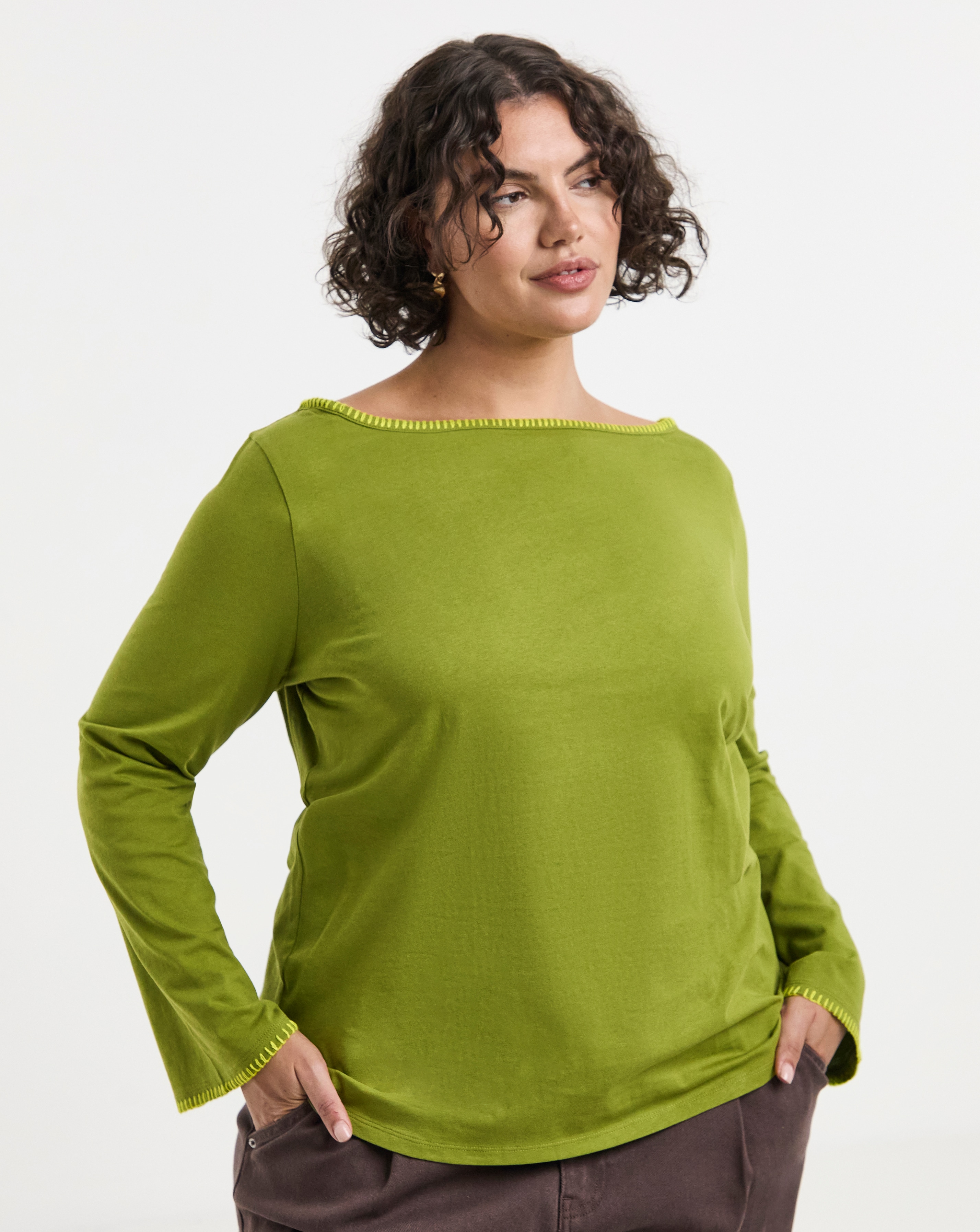 Simply Be Olive & Chartruese Whipstitch Edge Long Sleeve Top