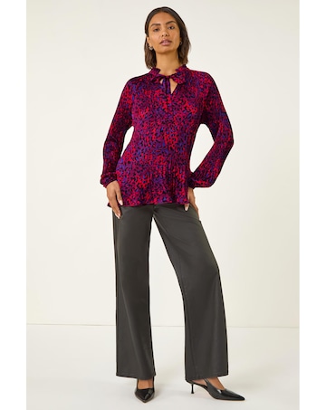 Roman Animal Print Tie Neck Pleated Top