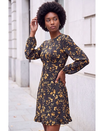 Roman Floral Print Frill Stretch Dress