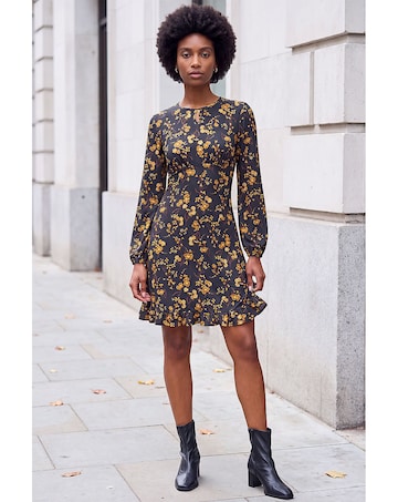 Roman Floral Print Frill Stretch Dress