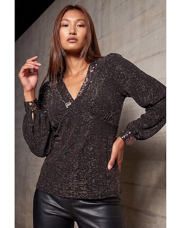Roman Shimmer Sequin V-Neck Top