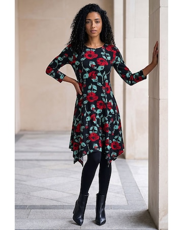 Roman Rose Print Hanky Hem Dress