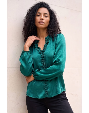 Roman Crinkle Satin Frill V-Neck Top