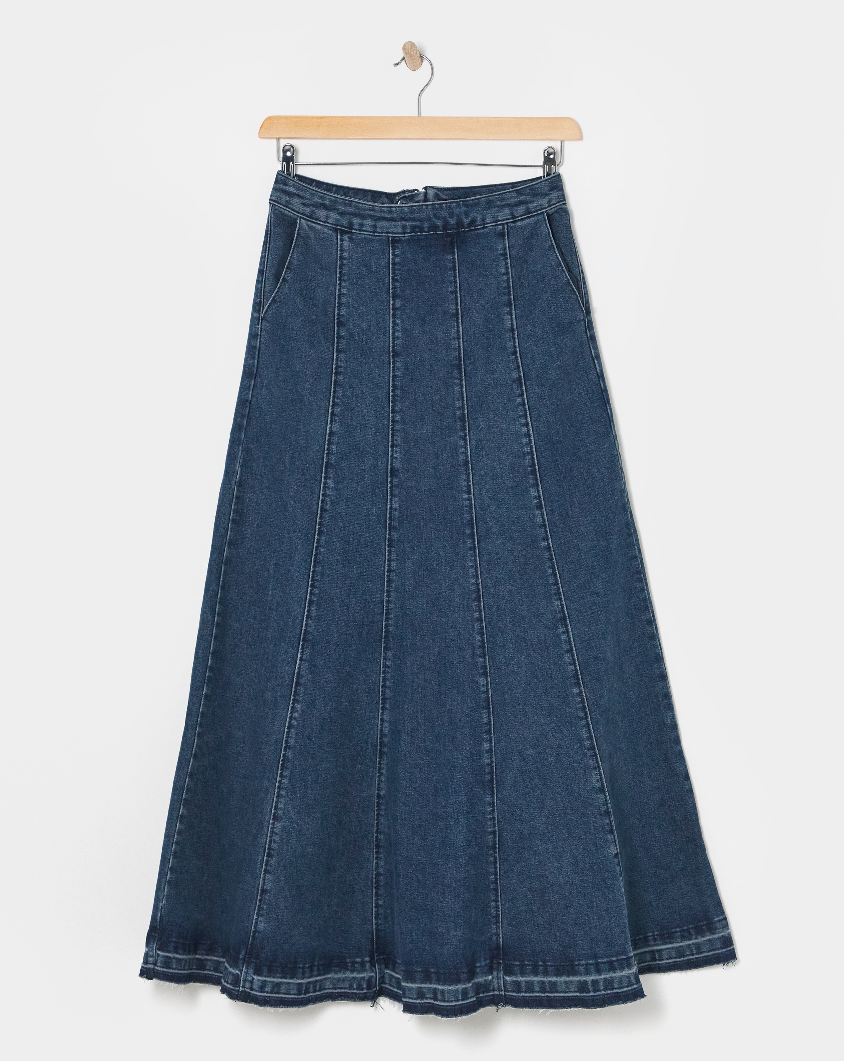 Raw Edge Fit and Flare Full Denim Skirt