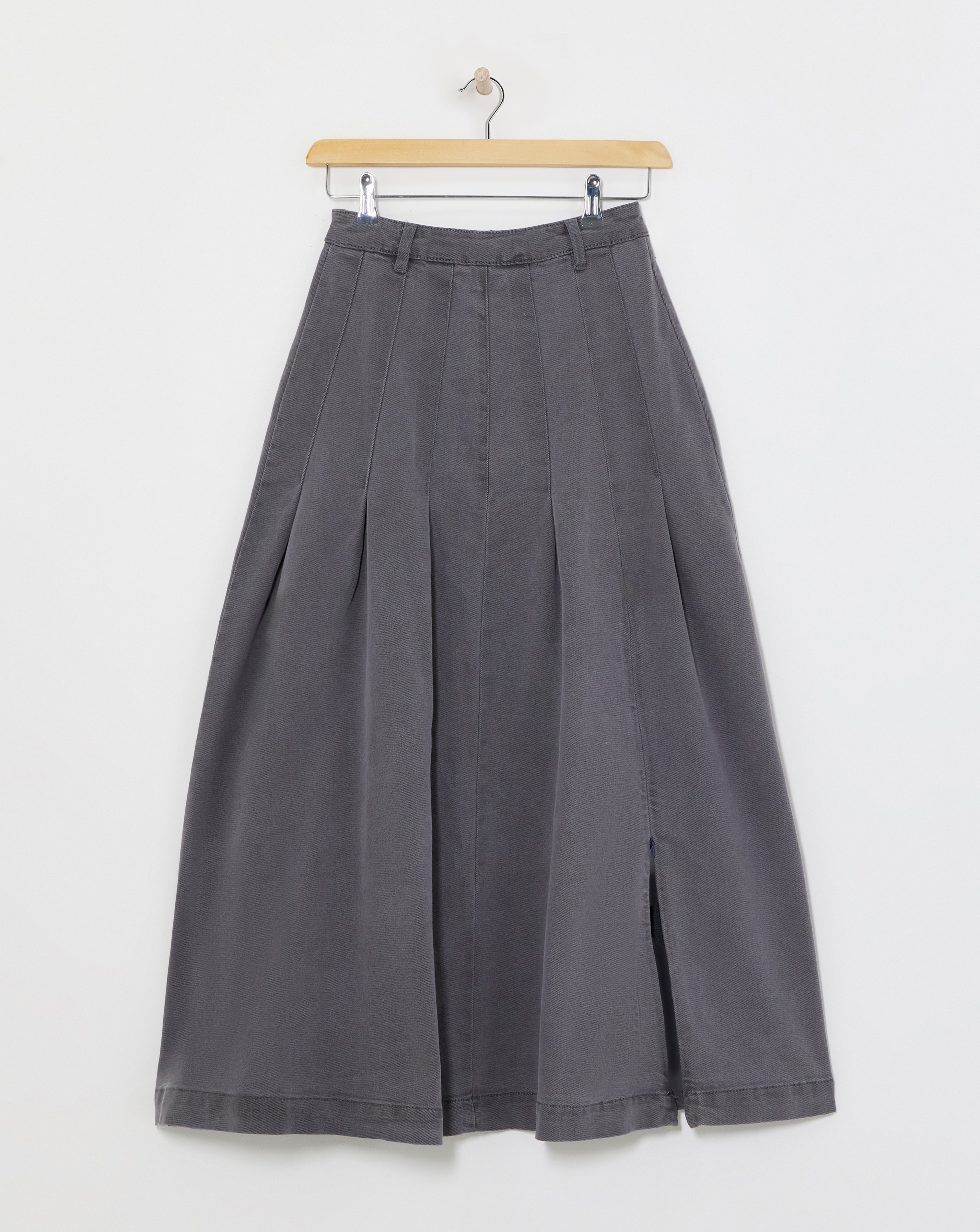 Grey Maxi Pleat Detail Denim Skirt