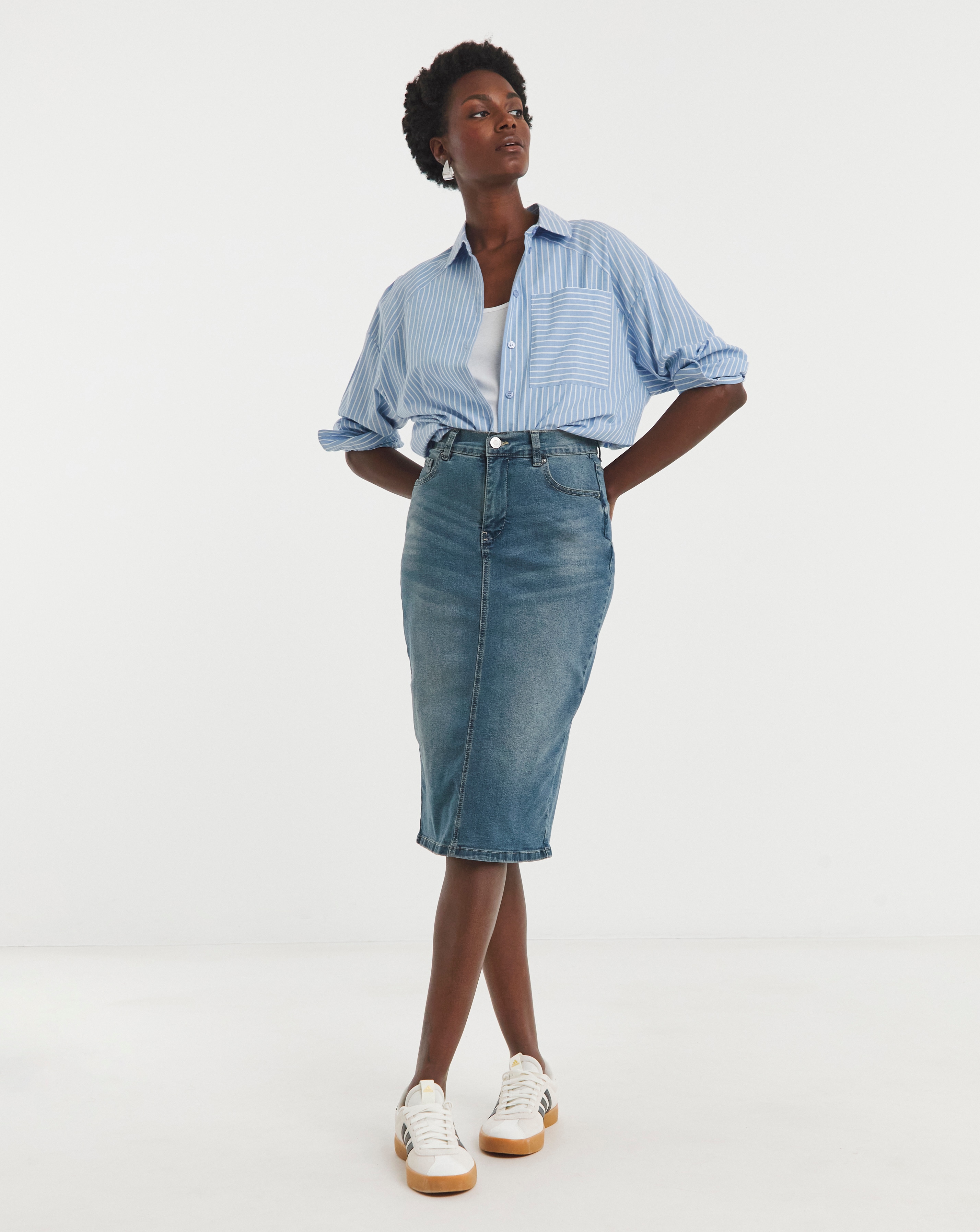 24/7 Blue Midi Denim Skirt