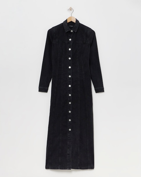 Black Fitted Denim Shirt Dress