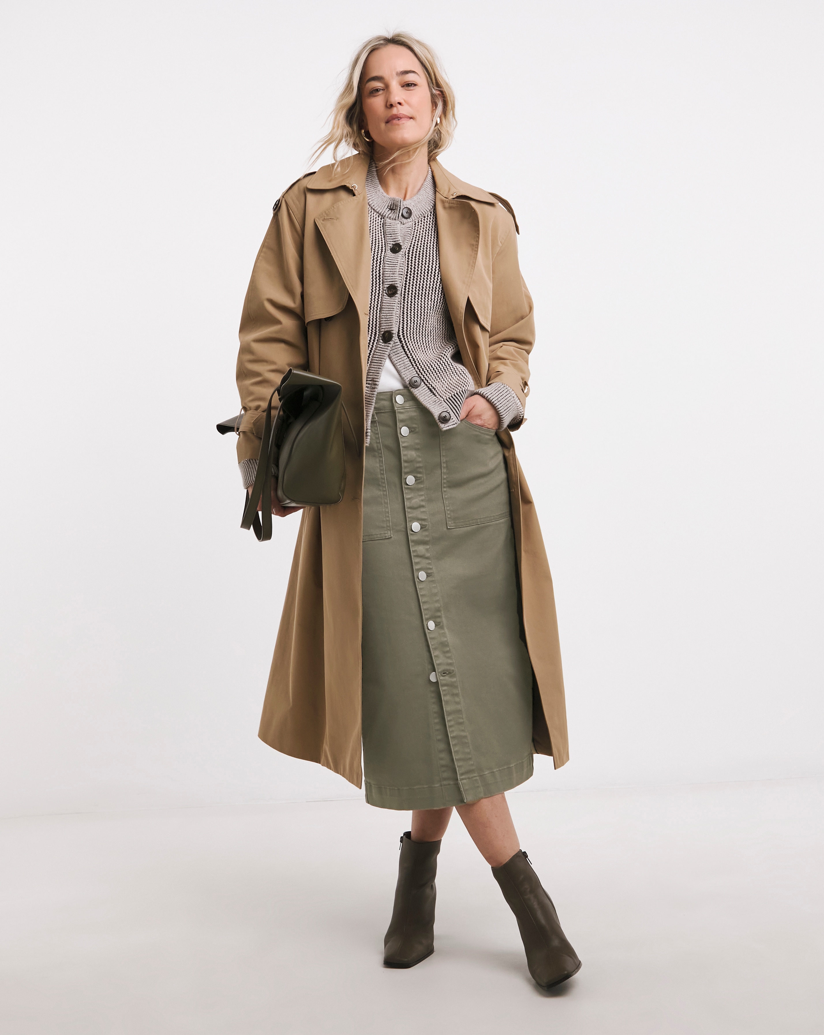 Khaki Midi Button Front Denim Skirt