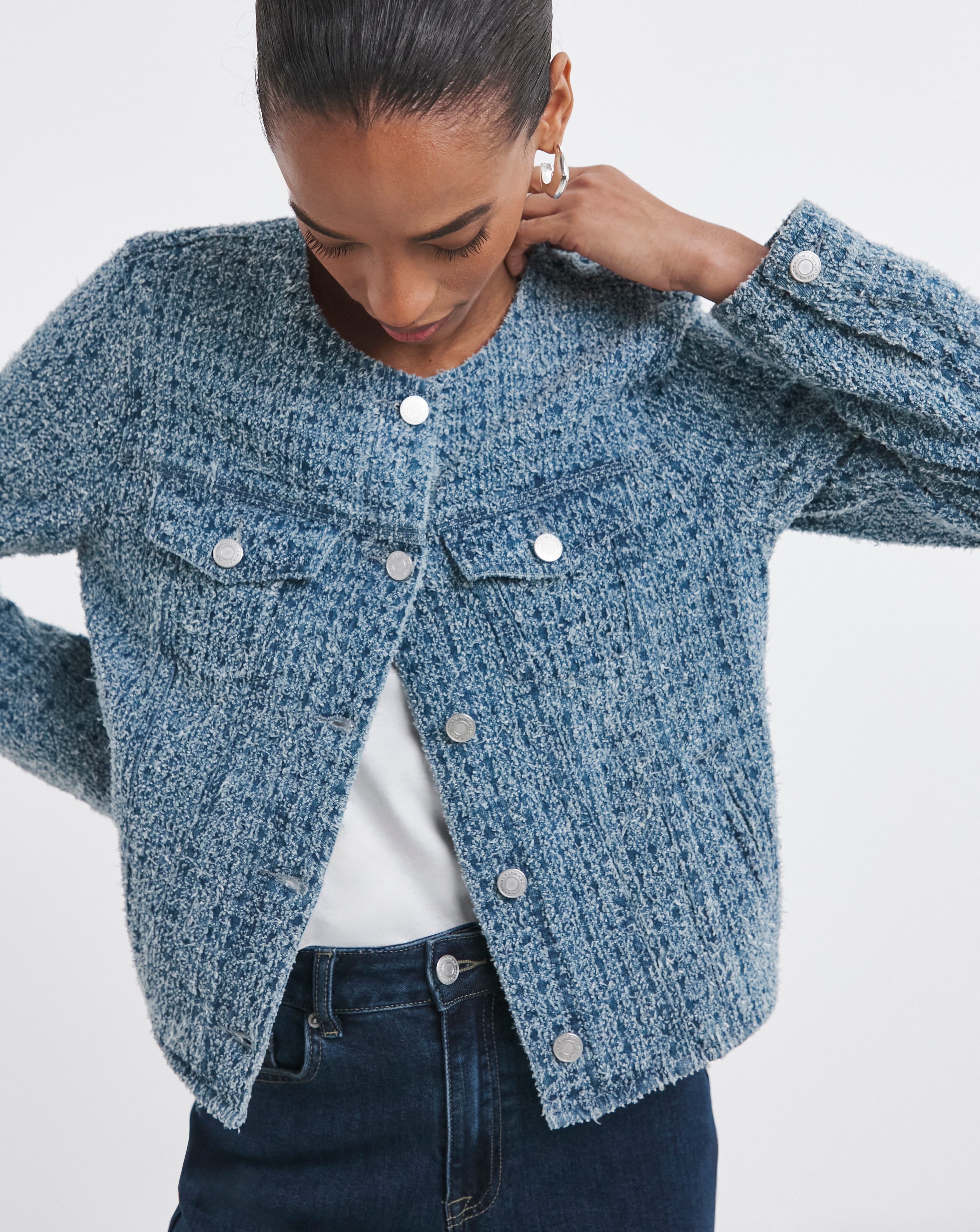 Fitted Collarless Boucle Textured Jacket