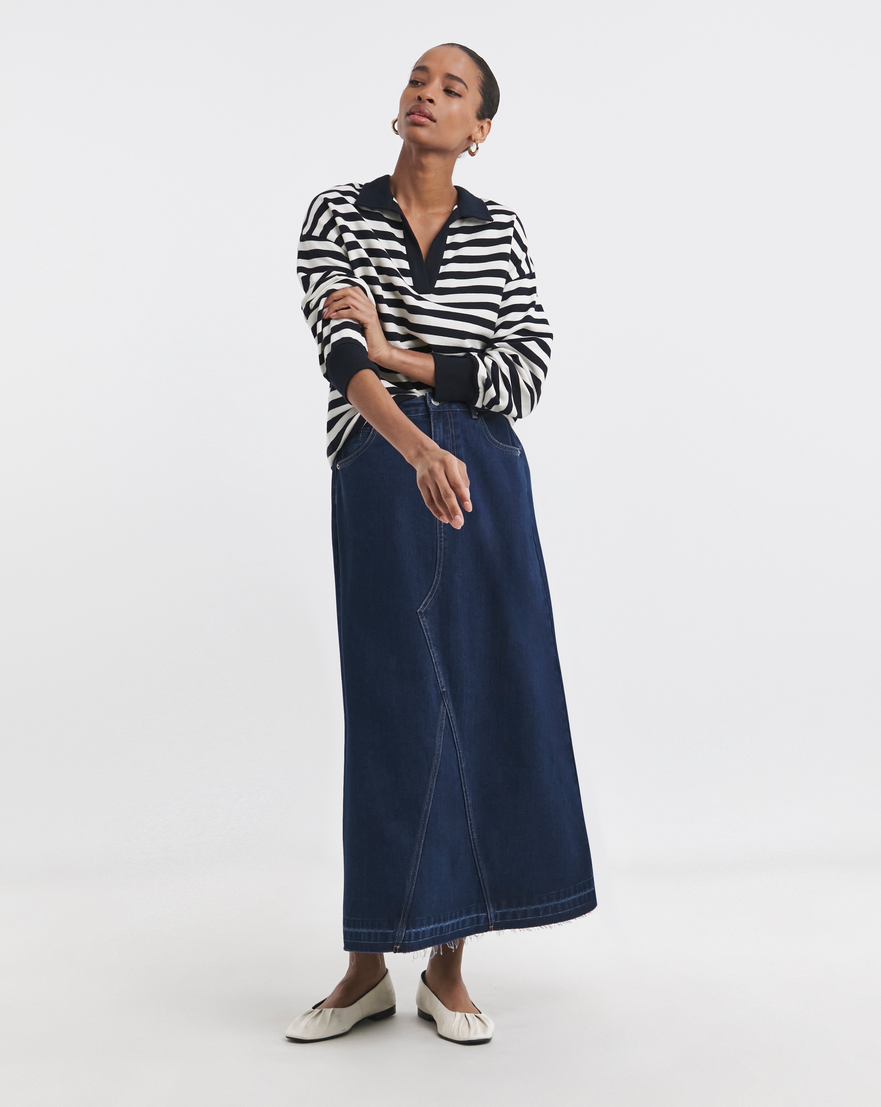 Pure Cotton Raw Edge A Line Denim Skirt
