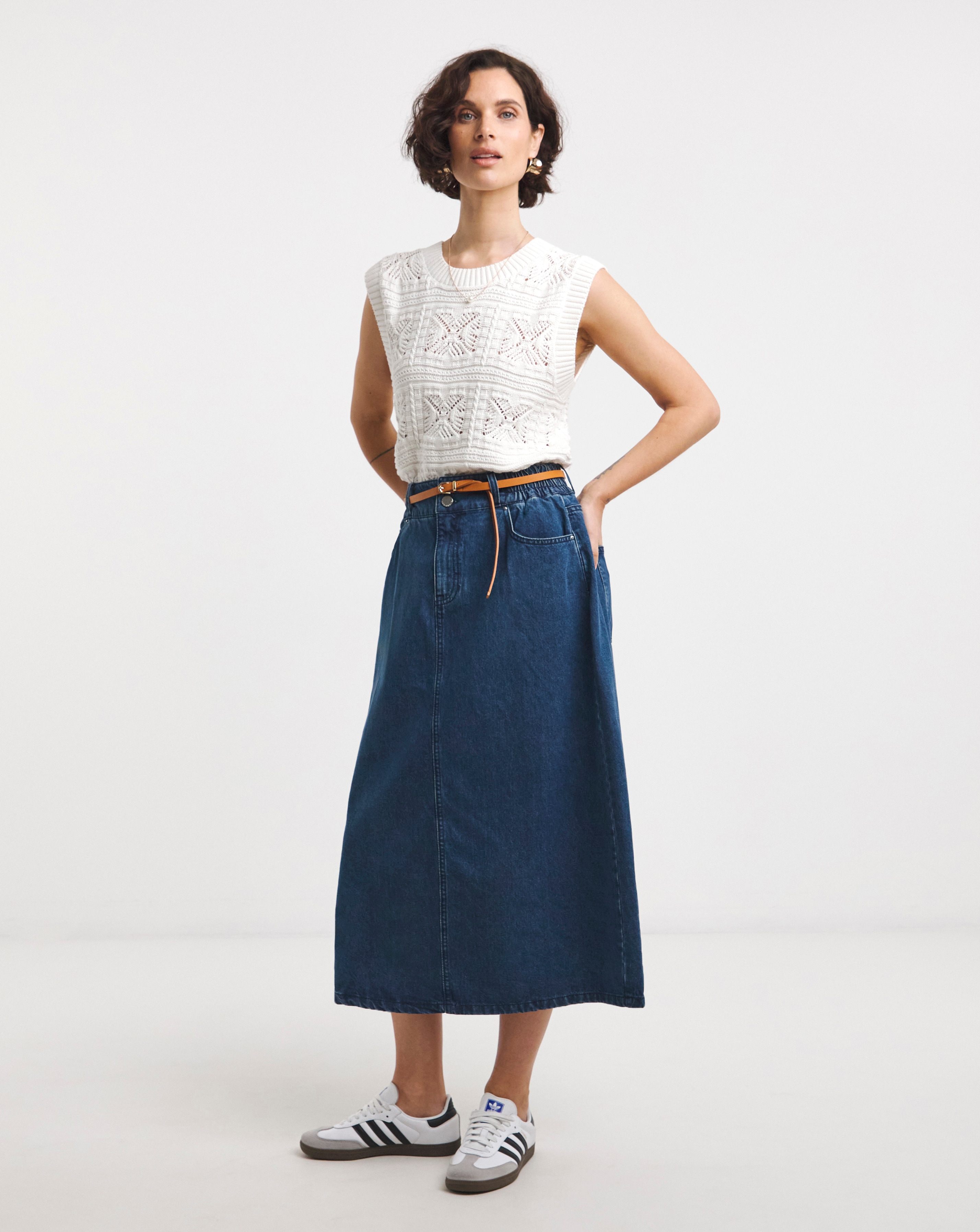 Mid Blue Elasticated Waist Midi Skirt