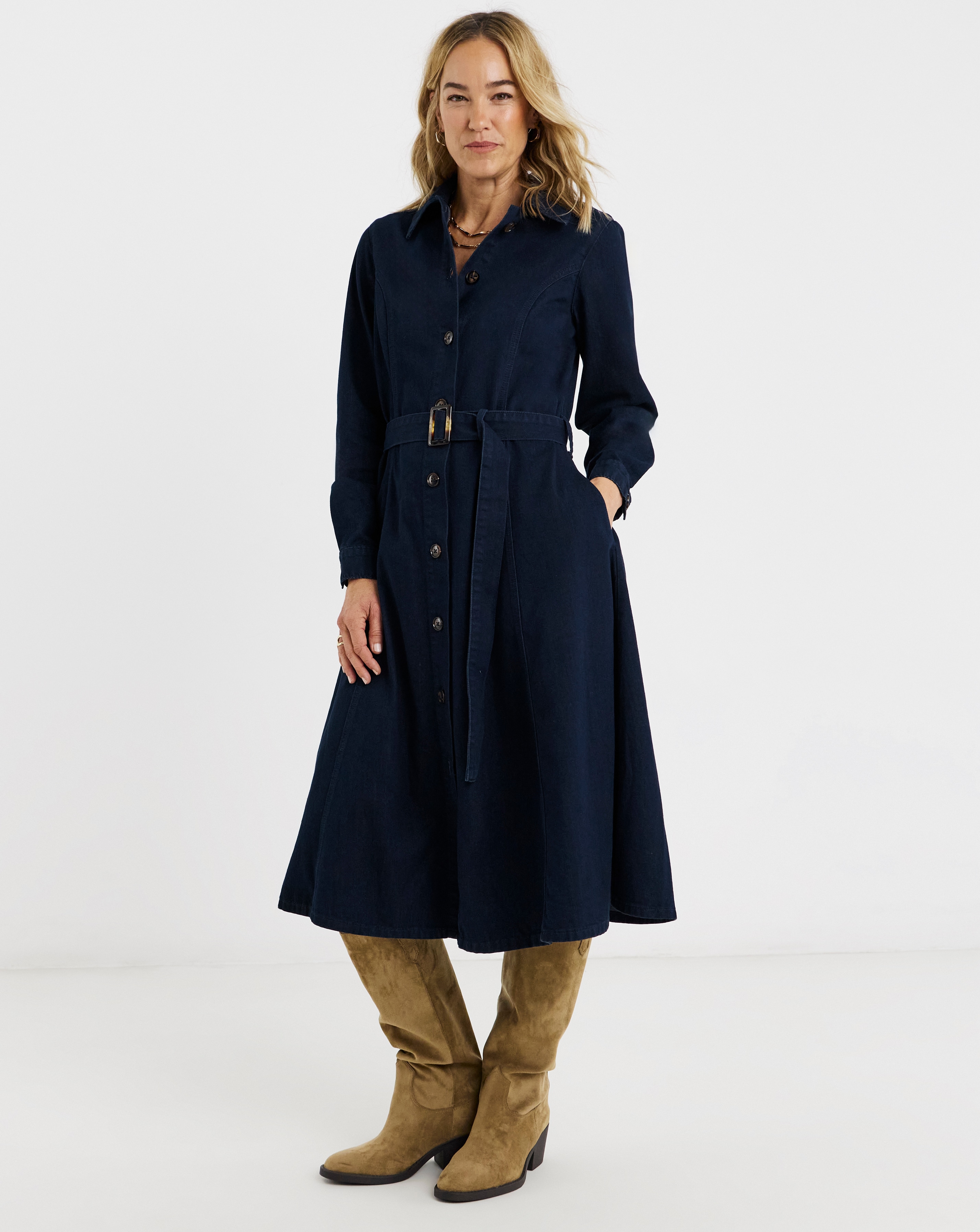 Long Sleeve Denim Belted Midi Dress